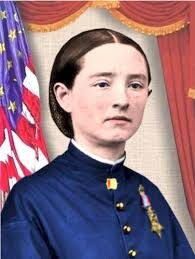 Person in uniform with American flag background.